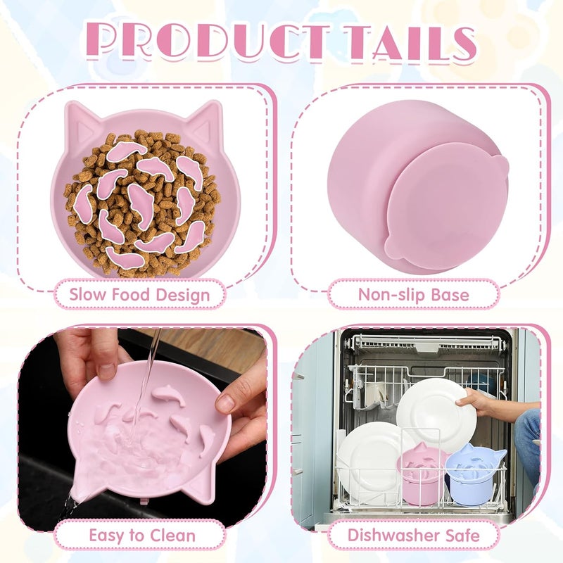 Funnymoom 2 Pack Silicone Cat Slow Feeder, Elevated Slow Feeder Cat Bowl for Dry and Wet Food, Tilted Design with Non Slip Base, Adjustable Angle for Pet(Pink and Blue) - Image 5